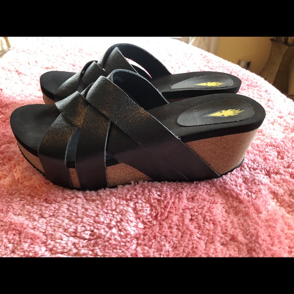 Volatile Black Leather Criss Cross Wedge Sandals